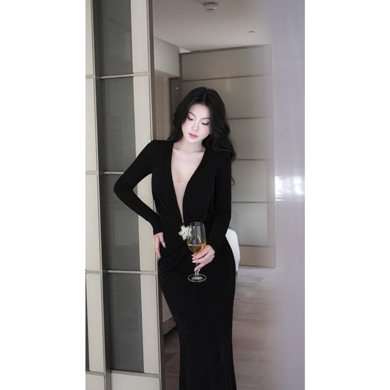 Đầm Body Thun Nhuyễn Cổ V Khoét Sâu Cài Charm Dáng Maxi Đuôi Cá Dài Đi Tiệc Sang Trọng Nữ 8