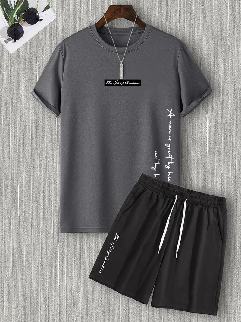 Product Introduction of Two-Piece Set Men's Letter Print Tee & Drawstring Pocket Shorts Set, Regular Fit Casual Short Sleeve T-Shirt & Shorts, Men Summer Outfits 2024 3