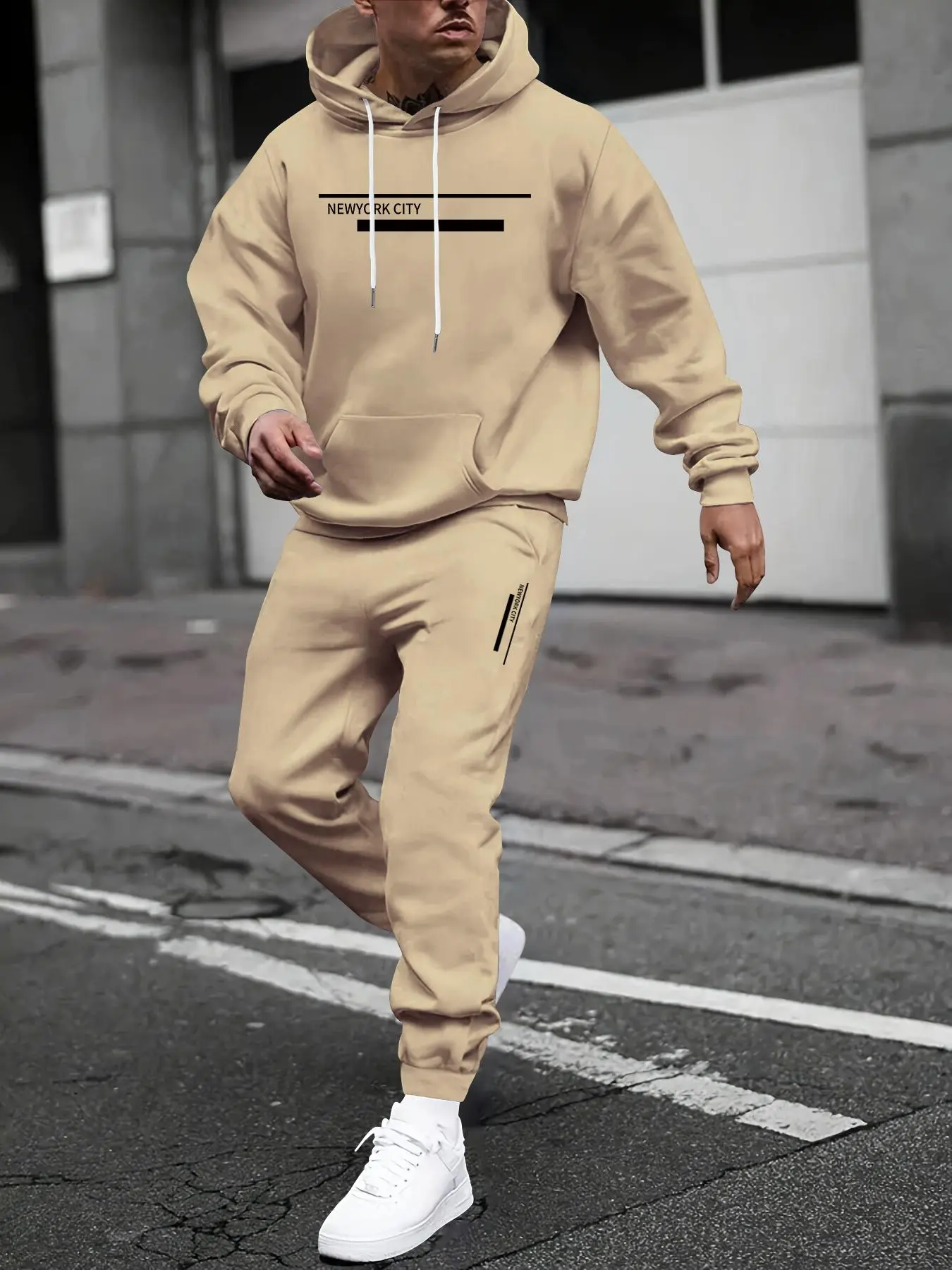 Men's Letter Print Drawstring Hoodie & Pocket Sweatpants Two-piece Set, Casual Regular Fit Long Sleeve Hooded Sweatshirt & Jogger Pants for Fall & Winter, Men's Two-piece Outfits for Daily Wear Mens Paris Tracksuit