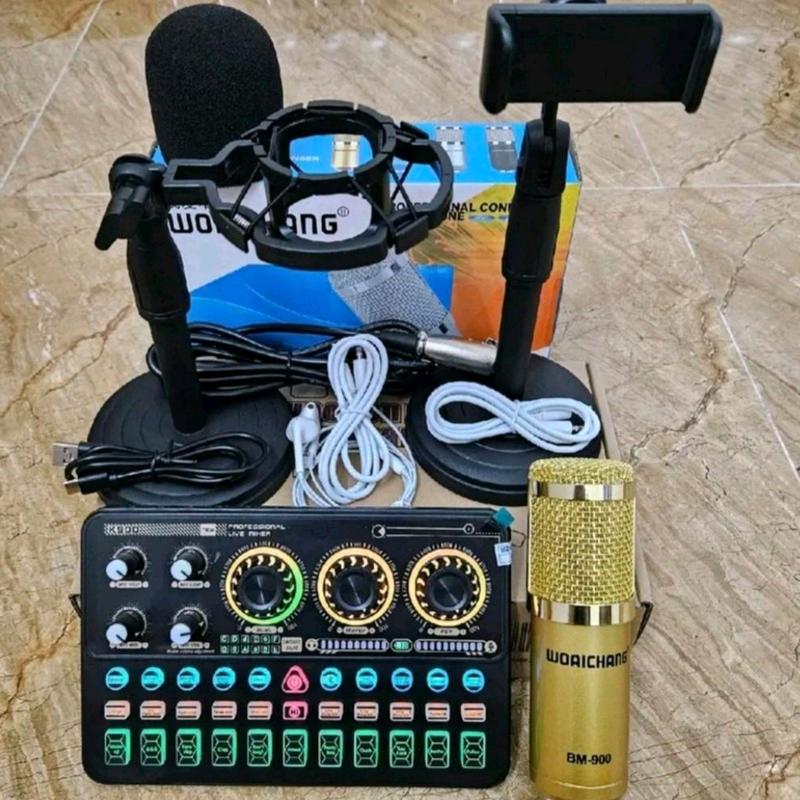 Bộ micro hát karaoke live stream míc BM900 card k900 kèm kẹp điện thoại kẹp míc tai nghe autotune livestream máy thu