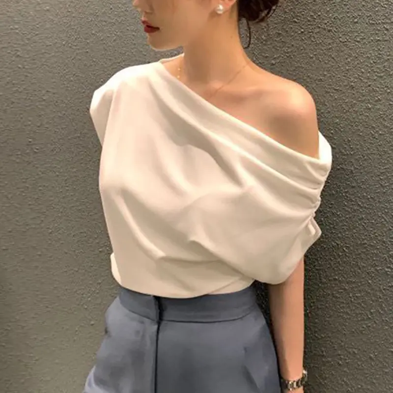 Trendy Korean Chic Summer Top with Irregular Off-Shoulder Design