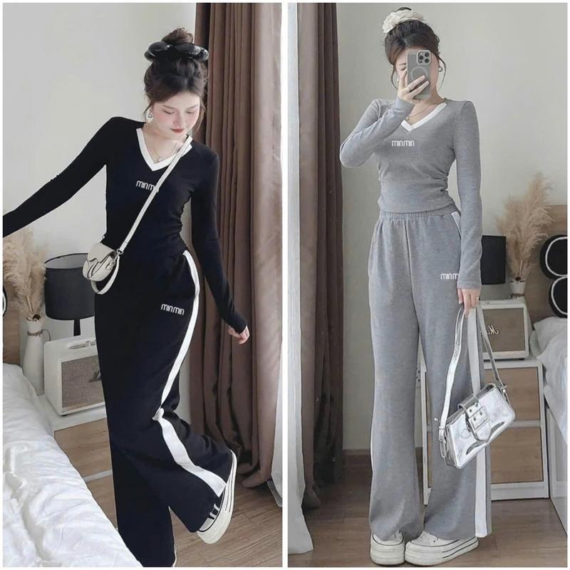 ĐỒ BỘ NỮ, SET BỘ THU ĐÔNG CỔ TIM DÀI TAY PHỐI QUẦN SỌC DÀI ỐNG SUÔNG 2 MÀU BIGSIZE 45-85KG áo sét Thun setbo 3mon