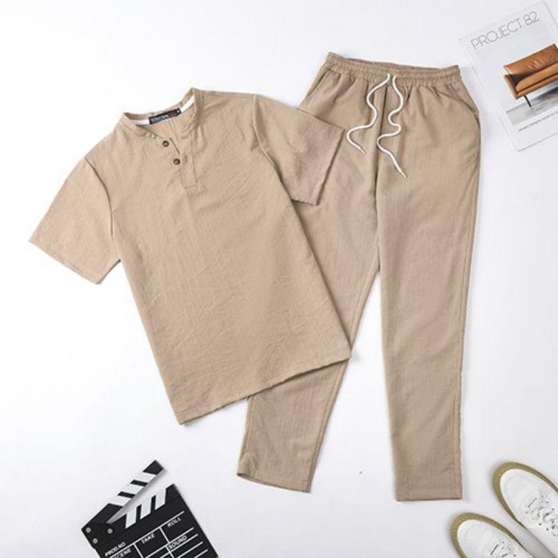 Bộ Đũi Nam Cổ V Chất Liệu Vải Đũi Mềm Mát Màu Đen Xám Tím Than Be Tay Ngắn Quần Dài Phong Cách Thời Trang Hàn Quốc Áo Menswear Tim Sơ Mi