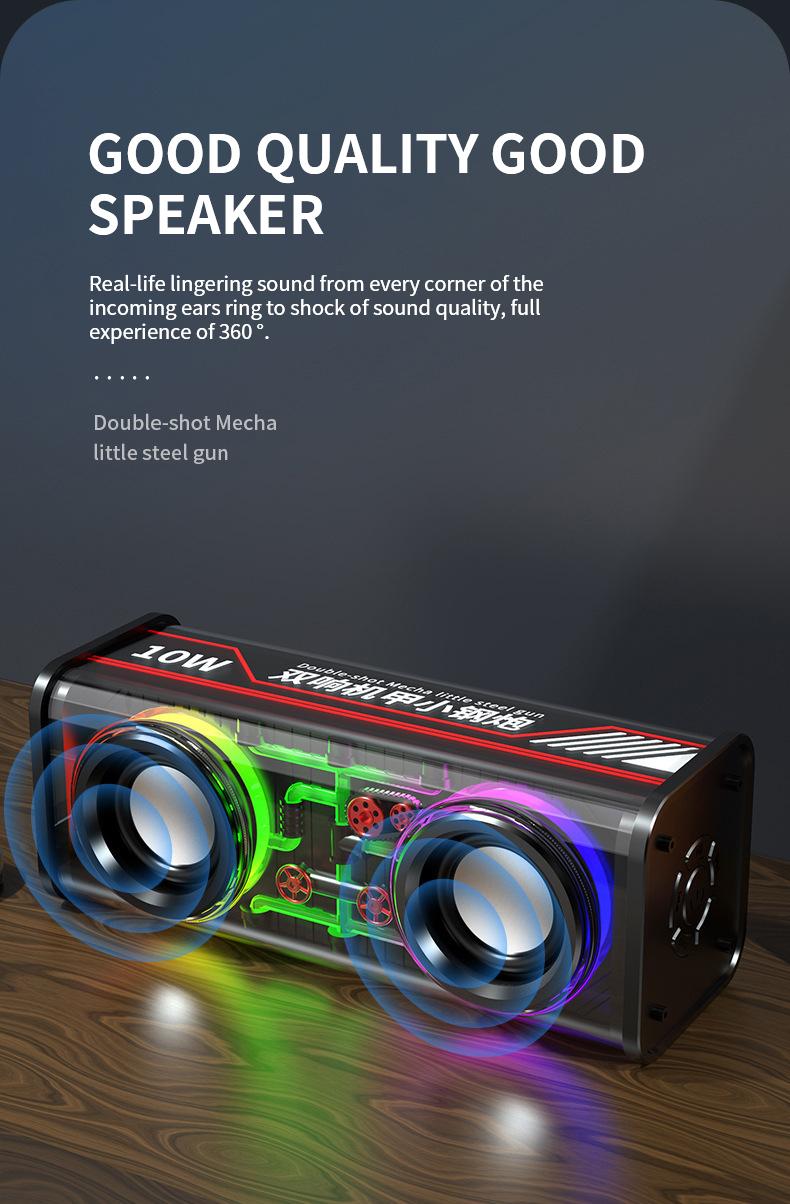 Product Introduction of V88 Mecha Speaker Bluetooth Subwoofer Baja Kecil Transparan Audio Portabel Nirkabel Rgb 7 Color Light Speaker Bluetooth Tws Series Bass 360  10w Mecha Warna-Warni Stereo Surround 37