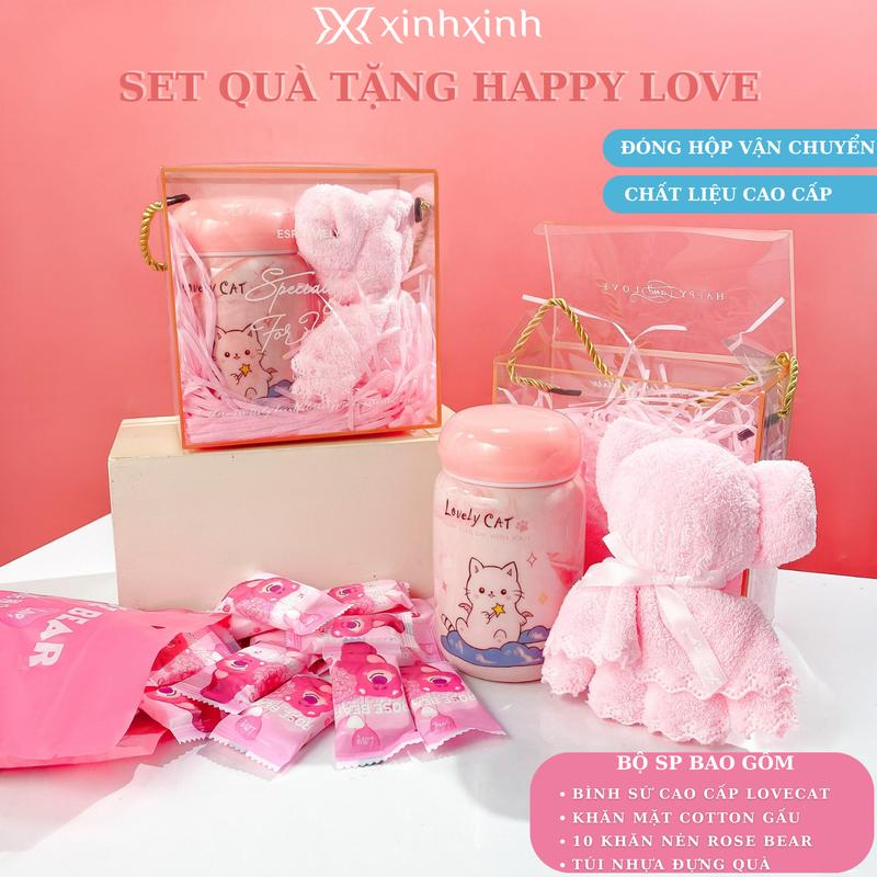  Set Quà Bình Nước Gốm Sứ Happy Love - Tặng kèm 10 Khăn nén Rose Bear 