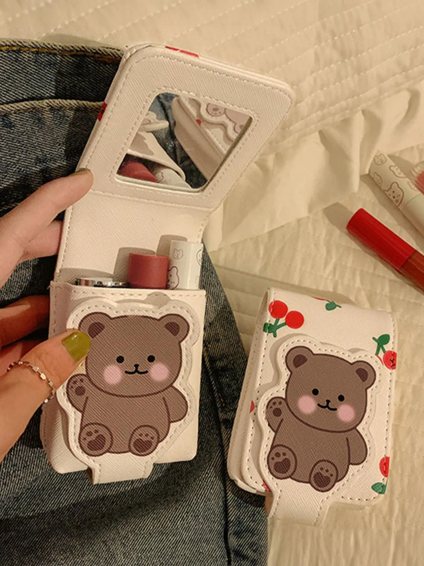 Cute Cartoon Bear & Cherry Pattern Makeup Bag with Mirror, Portable Travel Makeup Bag, Cosmetic Storage Bag, Makeup Organizer Pouch for Women & Girls