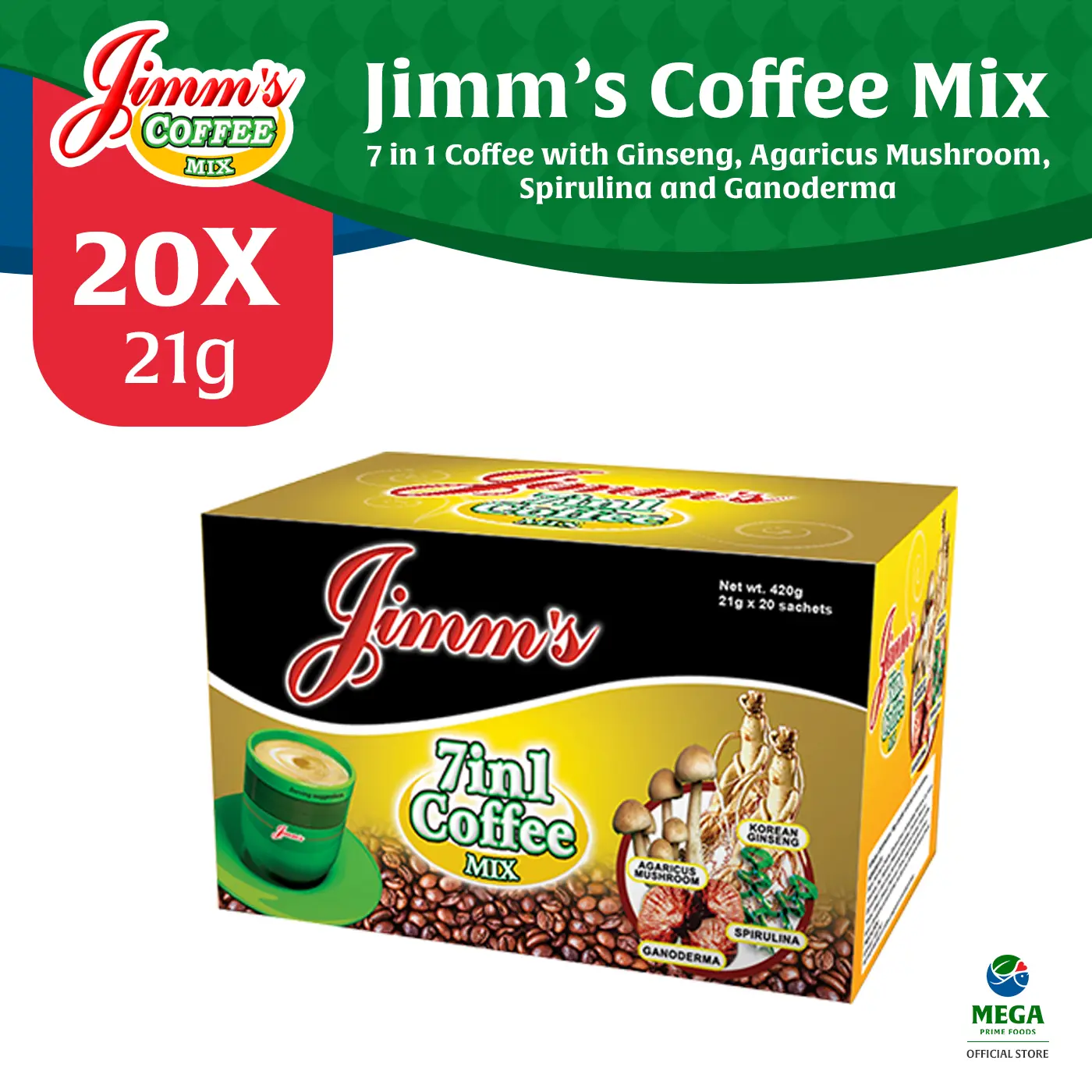 Jimm's Coffee Mix | 7 in 1 Coffee with Agaricus Mushroom, Korean Ginseng, Spirulina & Ganoderma 21g by 20s