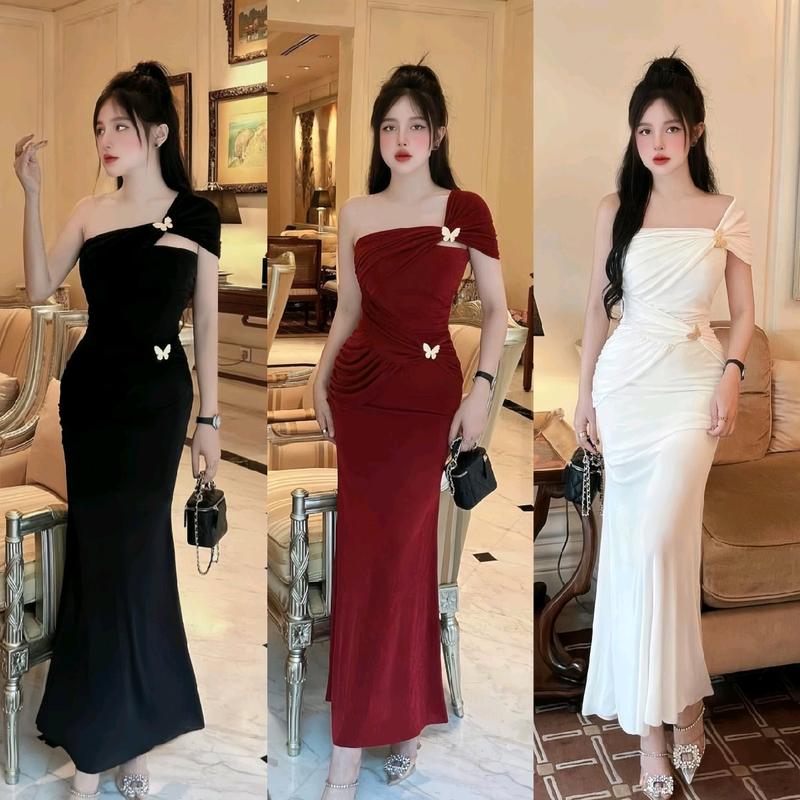 Đầm Body phối 2 tag buom dáng dài chất nhúng kim cương đi tiệc, đi chơi Tết sang trọng Kim Tuyến Nữ Women Dress Trắng váy Nhung váy  dự  tiệc  đám  cưới  dài  tay đuôi