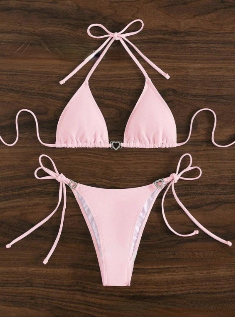 Product Introduction of 2024 popular European and American Amazon cross-border women solid color bikini rhinestone lace-up multi-color split swimsuit wholesale 1