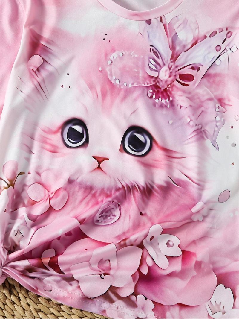 Product Introduction of Girl's Cat Print Round Neck Tee, Cute Casual Short Sleeve T-shirt for Summer, Kids Clothes for Daily Wear 5