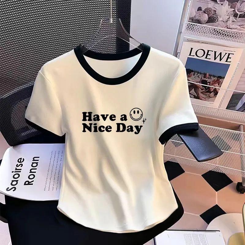 Product Introduction of Áo Thun Ngắn Tay Chỉ Dệt Cho Nữ, Trang Phục Mùa Hè, Mỏng Vừa Vặn, Hiệu Ứng Bó Sát Thiết Kế Khối Màu Bất Đối Xứng Có Thể Mặc Ngoài Trời, Thời Trang, Áo Cánh Thiết Kế Chữ Cái, Thời Trang 7