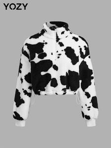 YOZY Women's Cow Print Drawstring Plush Half Zip Sweatshirt, Fashion Casual Stand Collar Drop Shoulder Long Sleeve Pullover for Daily Holiday Outdoor Wear, Ladies Clothes for All Seasons