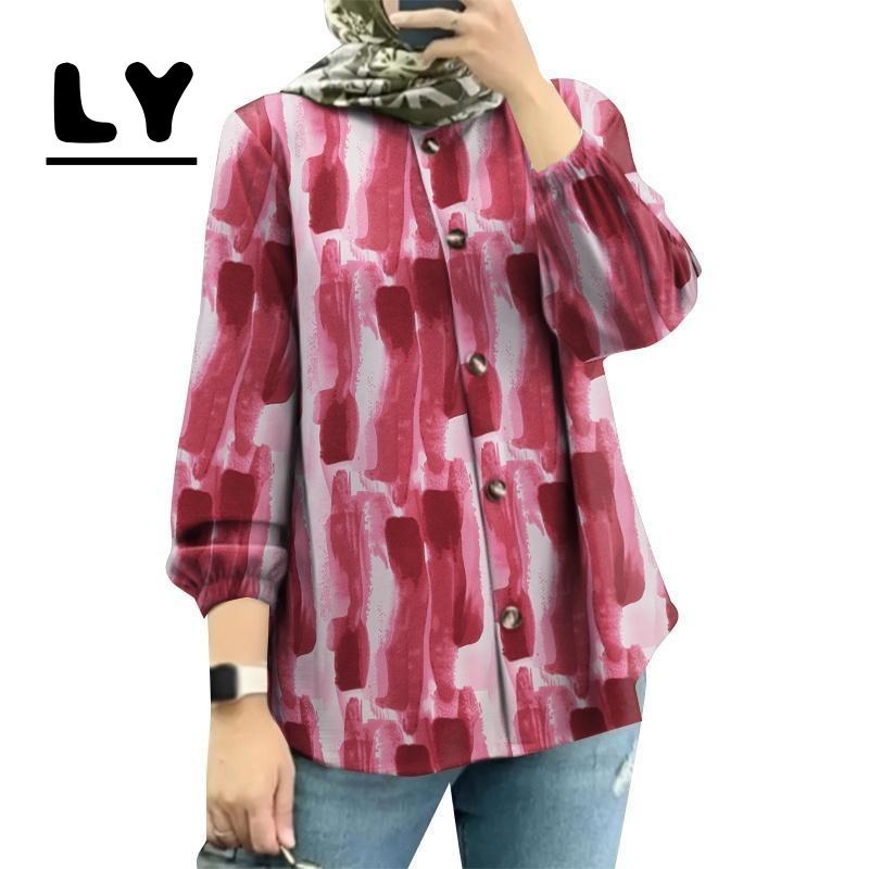 Product Introduction of New 2025baju Women's Muslim Button Lantern Sleeve Round Neck Printed Shirt 26