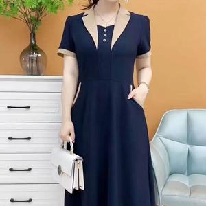 Elegant Middle Age Short Sleeve A Line Dress Women Oversized Showing Slim Korean Style Mother Long Dresses Fashion Casual Lapel dress