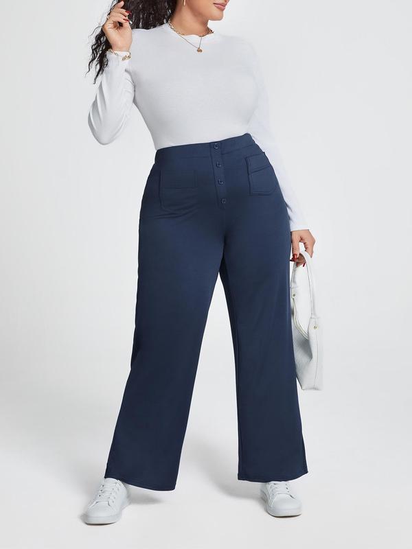 CURVZY Plus Size Solid Pocket Wide Leg Pants, Casual Comfy Trousers for Daily Wear, Women's Bottoms for All Seasons 4