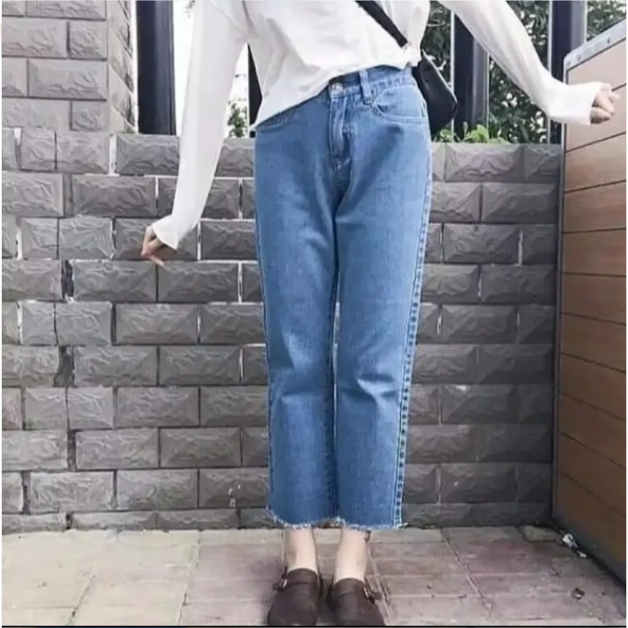 Celana Jeans Wanita Polos Rawis Bawah Santai Slim-fitting Panjang Cewek Denim