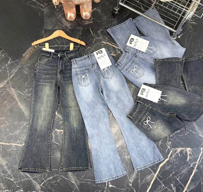    9 TẤC < 1M57   Quần Jean Ống Loe Lở Thêu Nơ Túi  9 Tấc 90cm Dáng Lở Cạp Cao Tôn Dáng KiHa Jean 