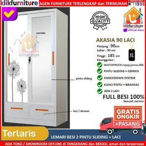 Lemari Pakaian Full Besi Pintu Sliding + 2 Laci + Brankas AKASIA 90 LC
