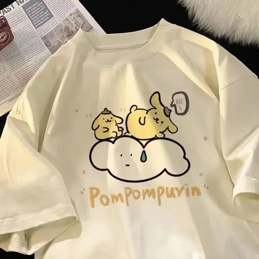 New Sanrio Short Sleeve T-Shirt Kawali Pompompurin Pure Cotton Loose Comfortable Ins Anime Friend Birthday Gift Toys For Girls