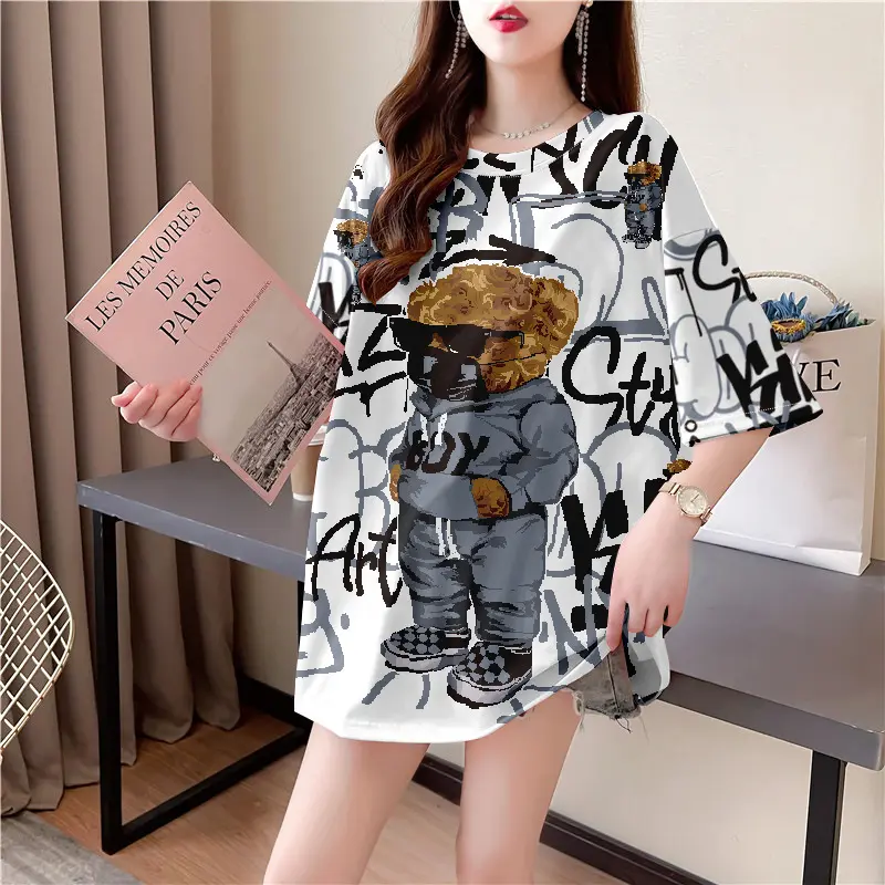 Short-sleeved t-shirt summer new style cartoon print large size loose half-sleeved t-shirt top trendy