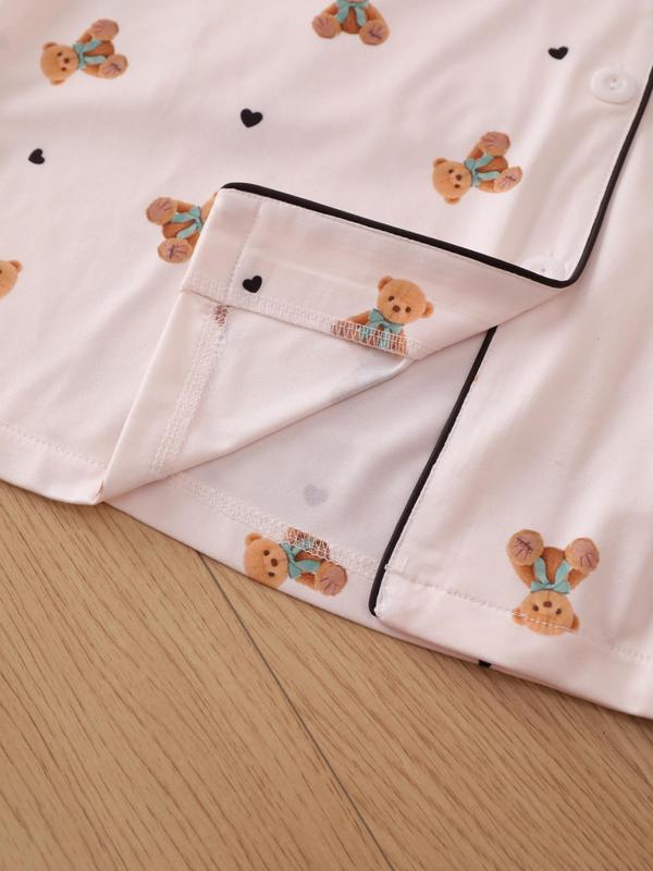Women's All Over Bear Print Pajama Two-piece Set, Long Sleeve Lapel Neck Button Up Top & Pants PJ Set, Casual Comfy Pyjama Set for Women, Loungewear 5