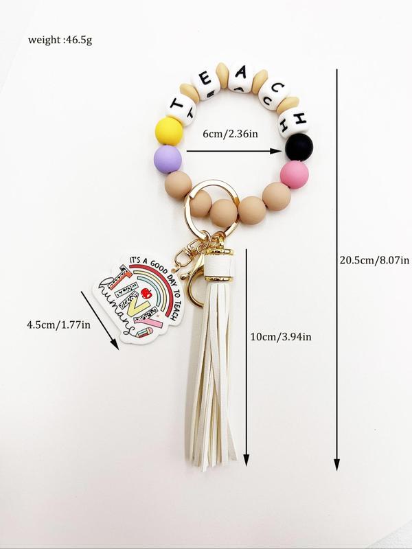 Creative Letter Pattern Tassel Decor Metal Keychain, Beaded Bracelet Decor Key Ring, Fashionable Keychain for Men & Women, Charms, Gifts for Her 8