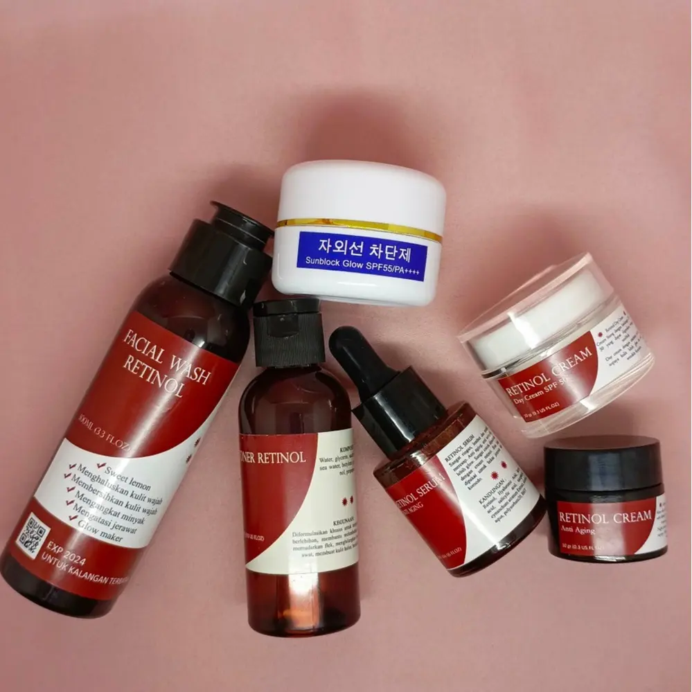 Paket Lengkap Retinol 6 in 1 Penghilang Flek Hitam Tebal Anti Penuaan ( Facial Wash, Toner, Serum, Night Cream, Day Cream, Sunblock ) Mencerahkan dan Memutihkan Wajah Bersihkan merata dan Memudarkan