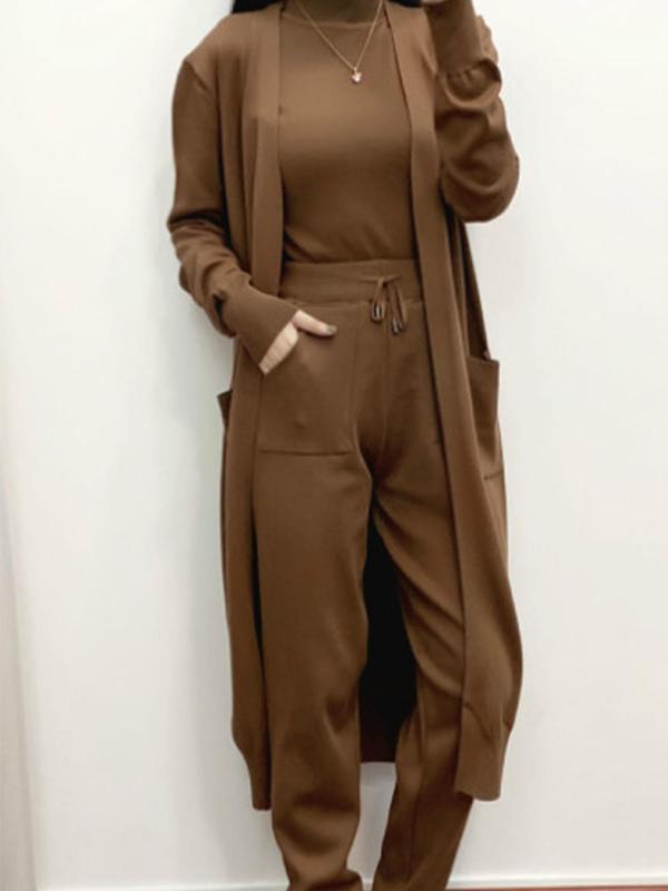 Women's Solid Color Open Front Cardigan & Drawstring Waist Pocket Pants & Mock Neck Tank Top Knit Set, Casual Fashion Cozy Three-piece Outfits for Daily Outdoor Wear, Women Clothes for Fall & Winter 0