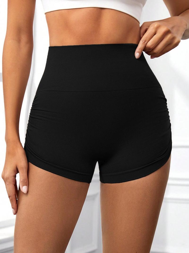 Product Introduction of Plus Size Solid Ruched High Waist Skinny Shorts, Casual Comfy Breathable High Stretch Shorts for Yoga Gym Workout, Women's Bottoms for All Seasons 4