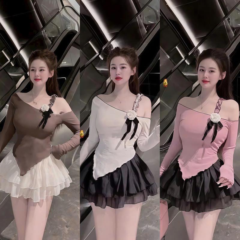 Set đồ nữ thiết kế áo tăm chéo tay dài trễ vai dây nhún đính hoa phối chân váy voan tơ tầng xinh xắn, dễ thương, sang chảnh phù hợp cho các nàng đi tiệc, đi chơi Top Women