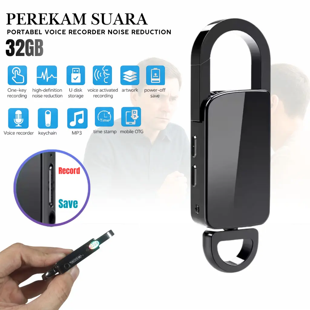 Shoumi Perekam Suara Mini 32GB Voice Recorder Portable Noise Reduction HD Baterai Tahan Lama Meeting Interview