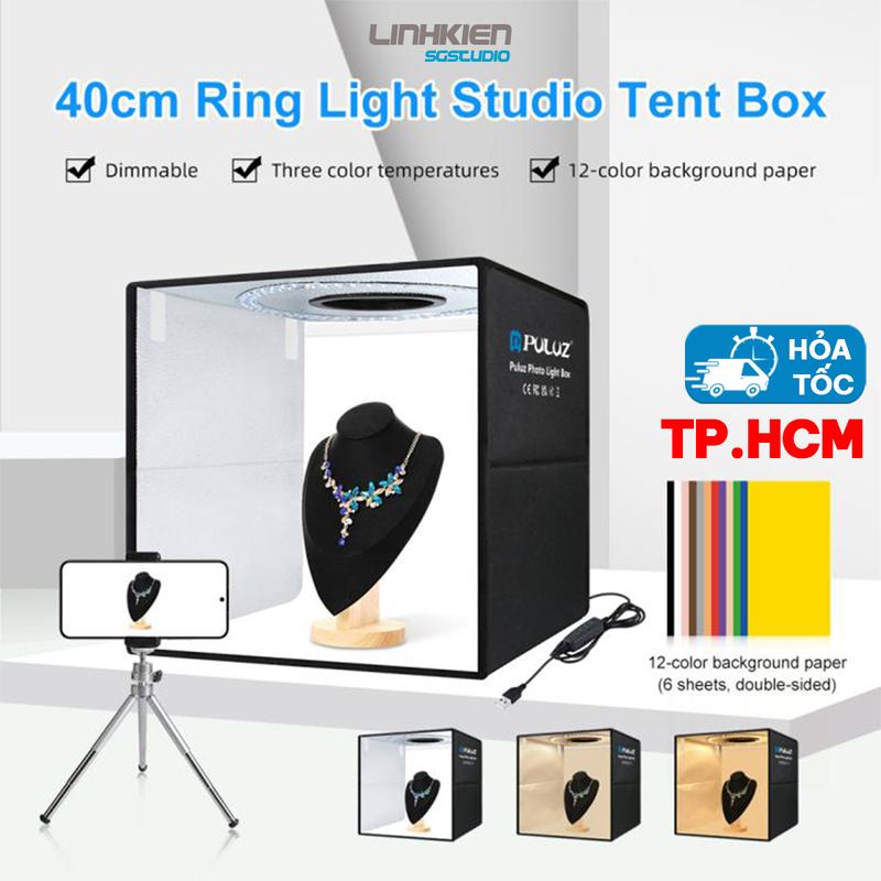Hộp chụp hình sản phẩm 40cm x 40cm Puluz 12 MÀU NỀN tích hợp 2 đèn LED tùy chỉnh độ sáng