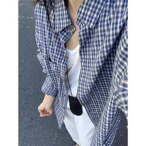Vintage Blue Plaid Long Sleeve Shirt Set for Women, Casual Style, Early Autumn, Loose Casual Jacket