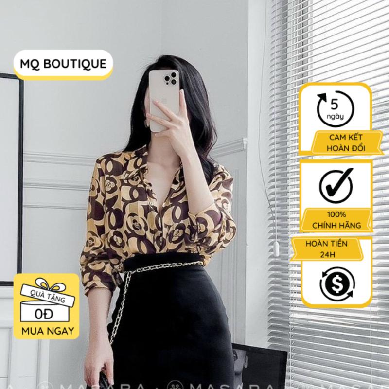 Áo sơ mi nữ lụa tằm dài tay cao cấp công sở họa tiết hoa cánh to nâu cao cấp, áo sơ mi họa tiết thiết kế MQ Boutique