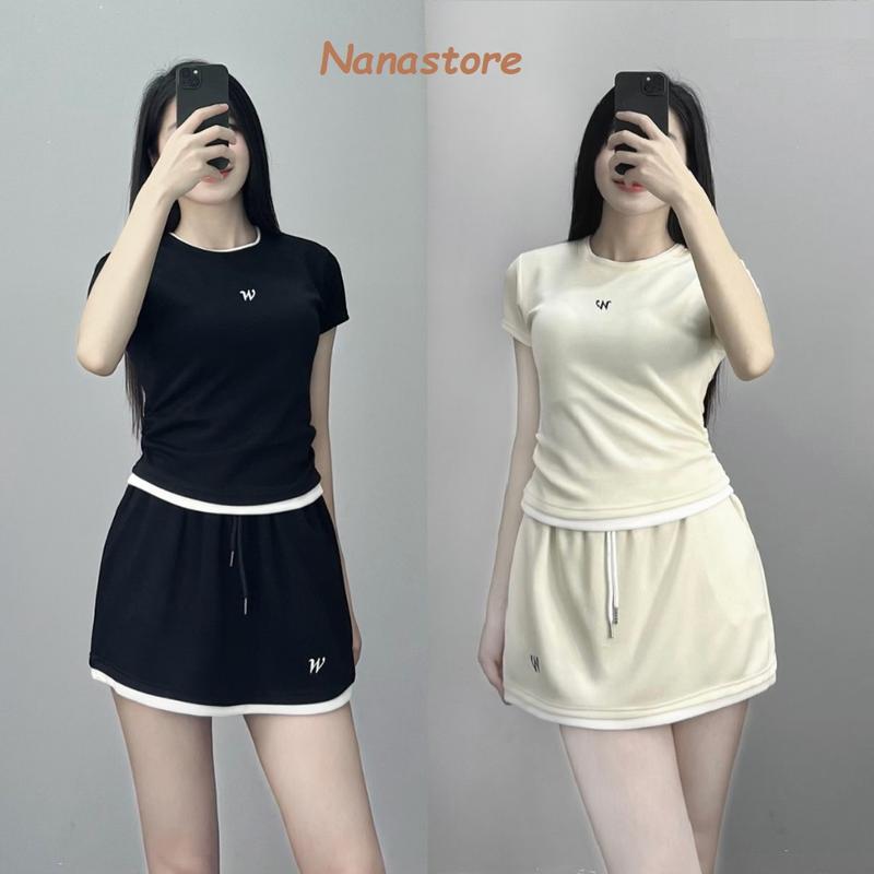  Set Nữ Sang Chảnh Mùa Hè Thêu Chữ W Áo Dúm Eo Chân Váy A Có Lót Quần Viền Trắng Set Bộ Đồ Nữ Ngắn Mùa Hè Thêu Chữ Bigsize 290T 