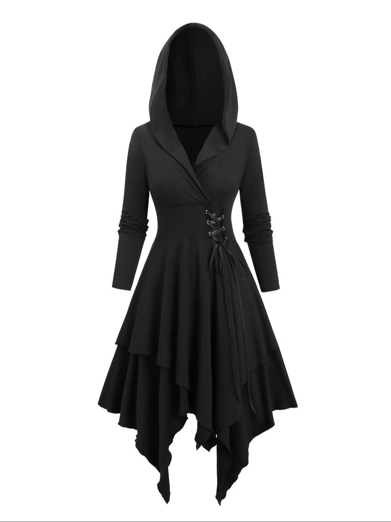 Product Introduction of 【Plus Size】 Lace Up Wrap Hooded Dress, Elegant Asymmetrical Long Sleeve A Line Dress for Party Holiday Wedding Guest, Women's Clothes for Fall & Winter 8