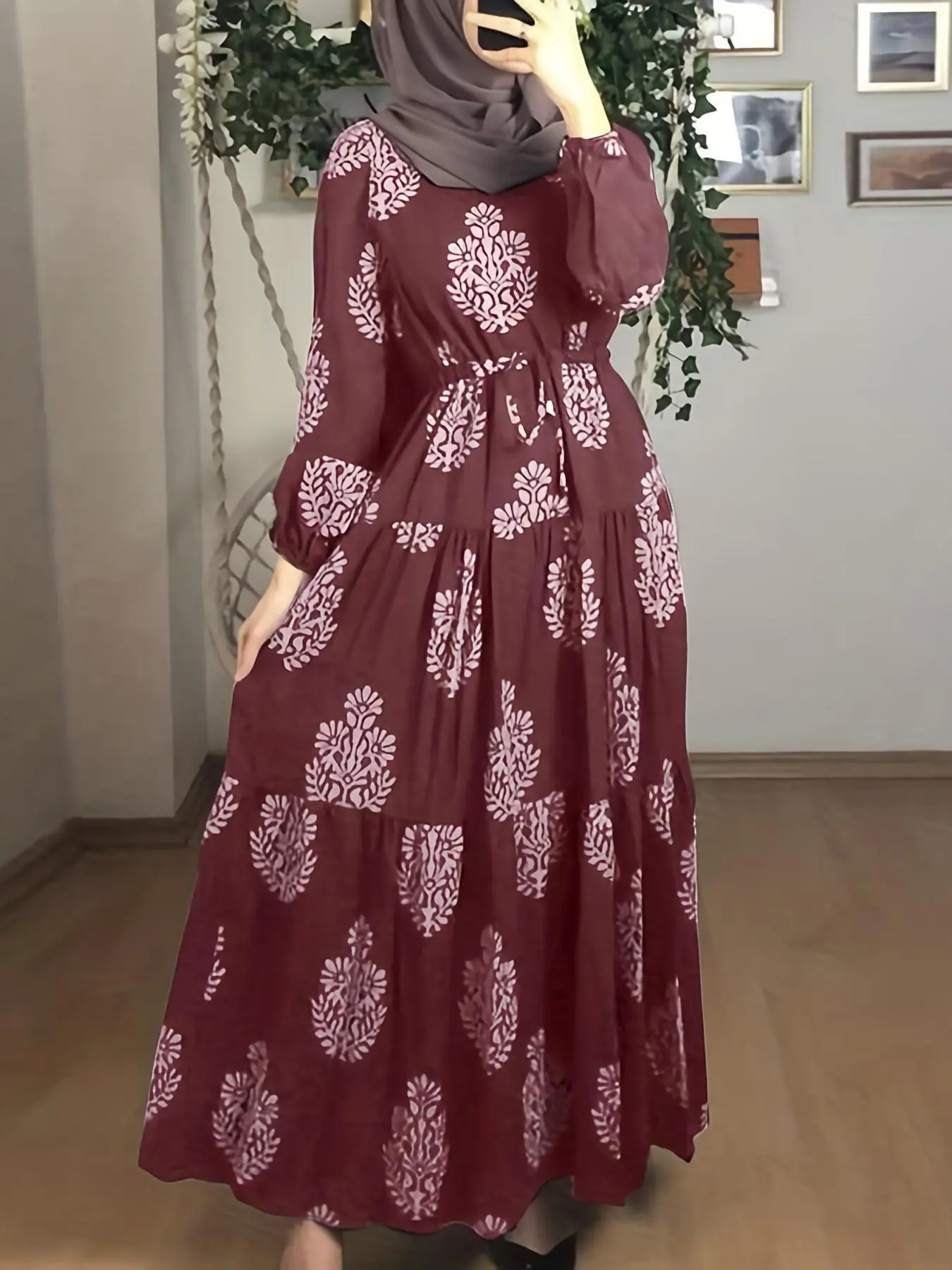 Women's Ethnic Pattern Ruffle Hem Tie Front A Line Arabian Dress, Elegant Bishop Sleeve Round Neck Long Dress for Daily Wear, Modest Clothes, Dress for Women