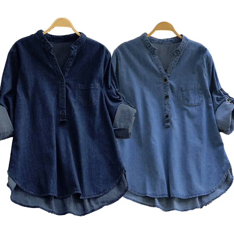 Gonpiny-Áo Sơ Mi Denim Màu Trơn Cho Nữ, Cổ Đứng Nhỏ, Nút Cổ Chữ V, Đường Viền Cổ Áo, Dài Tay, Dáng Rộng, Vừa Vặn, Áo, Thời Trang Dạo Phố 8