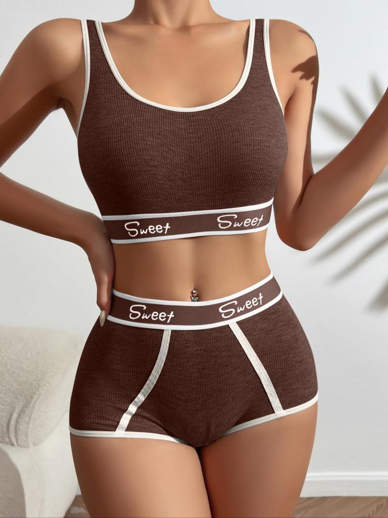 Product Introduction of Women's Letter Tape Contrast Binding Bra & High Waist Panty Set, Fashion Soft Comfortable Breathable Bra & Underwear Set, Lingerie Set for Women 9