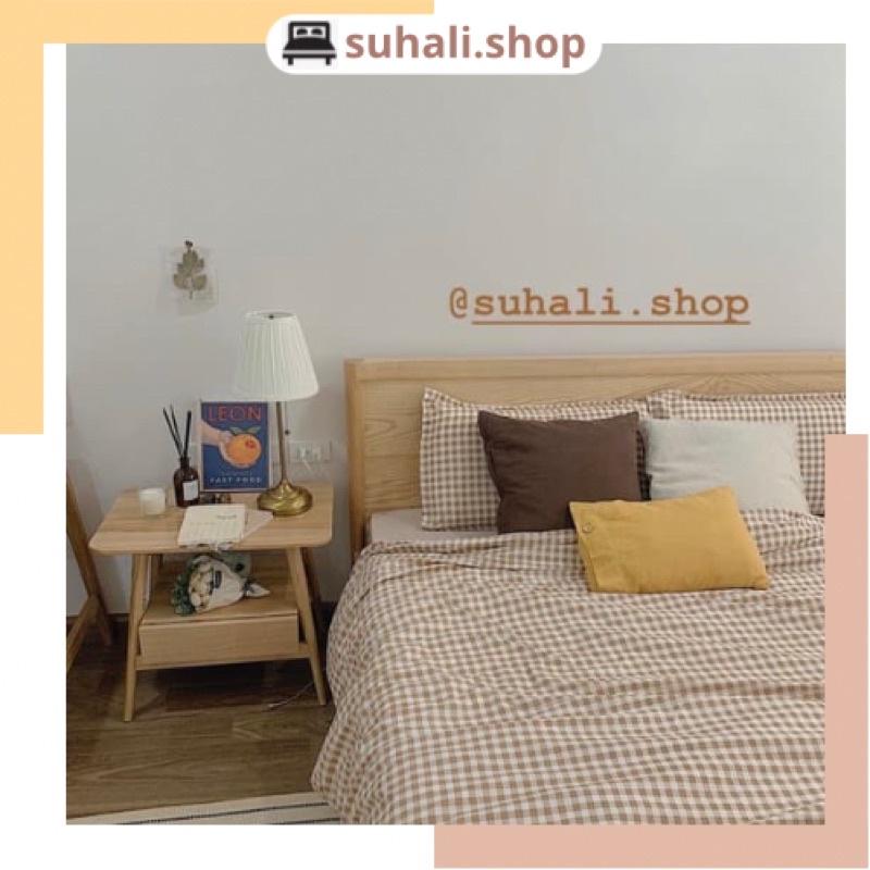 Bộ vỏ chăn ga gối caro nâu be Suhali Shop gồm 4 món 2 vỏ gối nằm, vỏ mền và drap đủ size