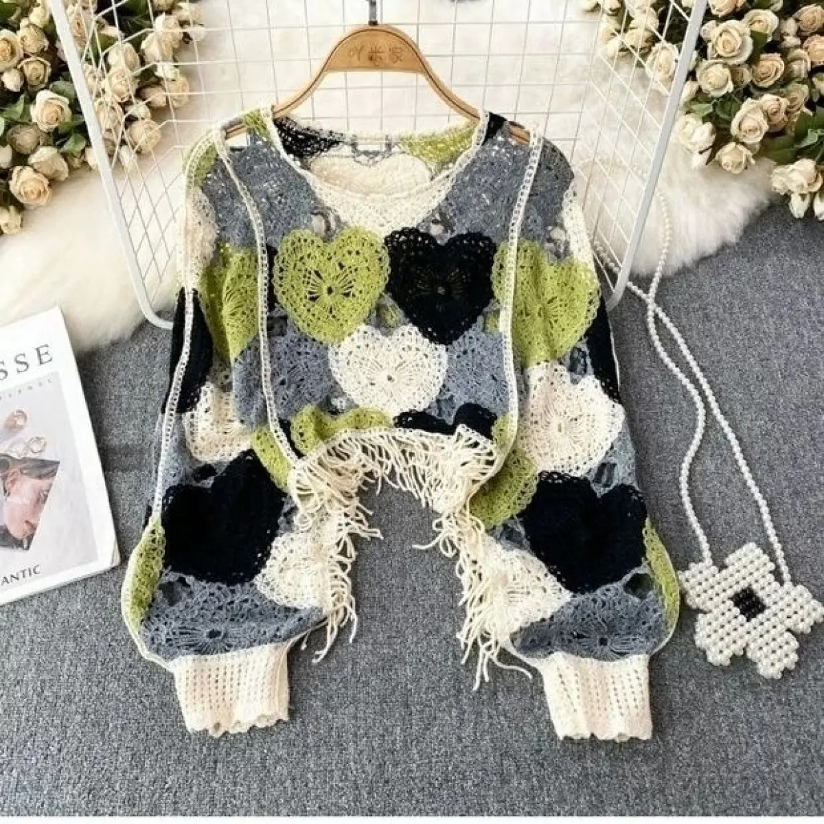 Tassel Design Crochet Sweater Loose New Outer Wear Pattern Cutout Blouse Color Matching Wool Top Sweater American Style Lingerie Women Knitwear Lady