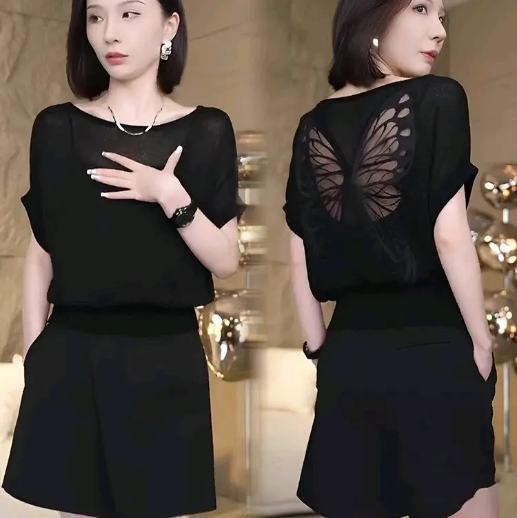Hàng nhập - Áo len nữ dệt kim tay ngắn cánh dơi, áo kiểu Quảng Châu họa tiết bướm sau lưng Top Women 5