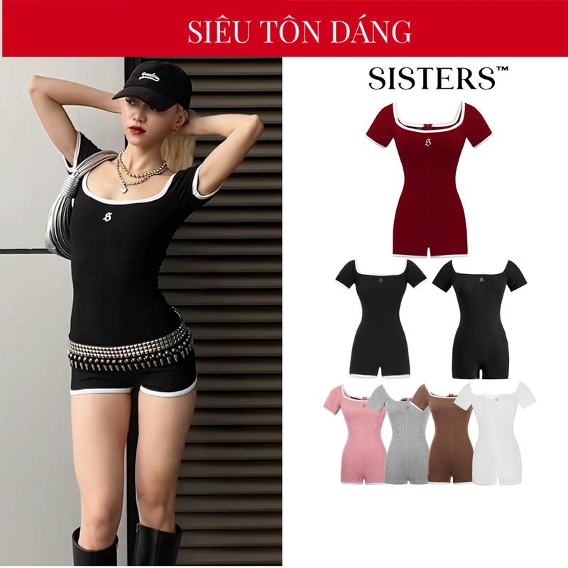 Jumpsuit nữ ngắn tay phối viền SISTERS logo inox ôm sát tôn dáng nhiều màu Bodysuit Hailey SIS-CLUB | SS-J5