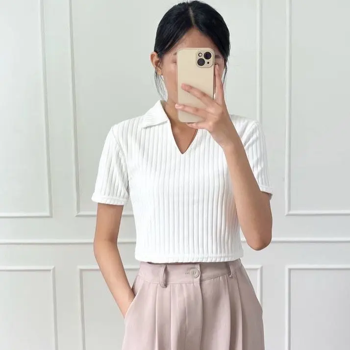 DISTY TOP - Atasan Pendek Bahan Hornet Model Kerah Polo Leher V Neck DA Drosir 2