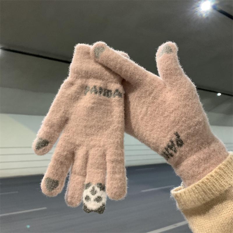 Kawaii Touchscreen Winter Gloves‌ – 5-Finger Knitted Design with Thermal Fleece Lining, Waterproof TPU Thumb Patch & Reflective Stripes (Bike Riding Approved) ‌ 7