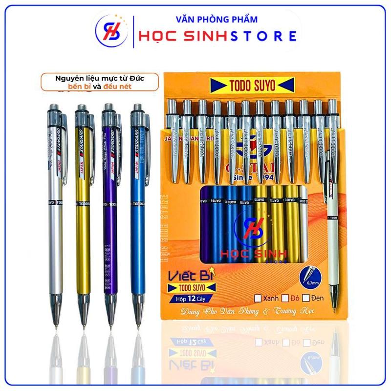 Hộp 12 Cây Bút Bi Bấm Todo Suyo Ngòi Bi 0.7mm Thụy Sĩ, Mực Xanh Của Đức,Mực Đều, Viết Êm - VPP Học Sinh Store