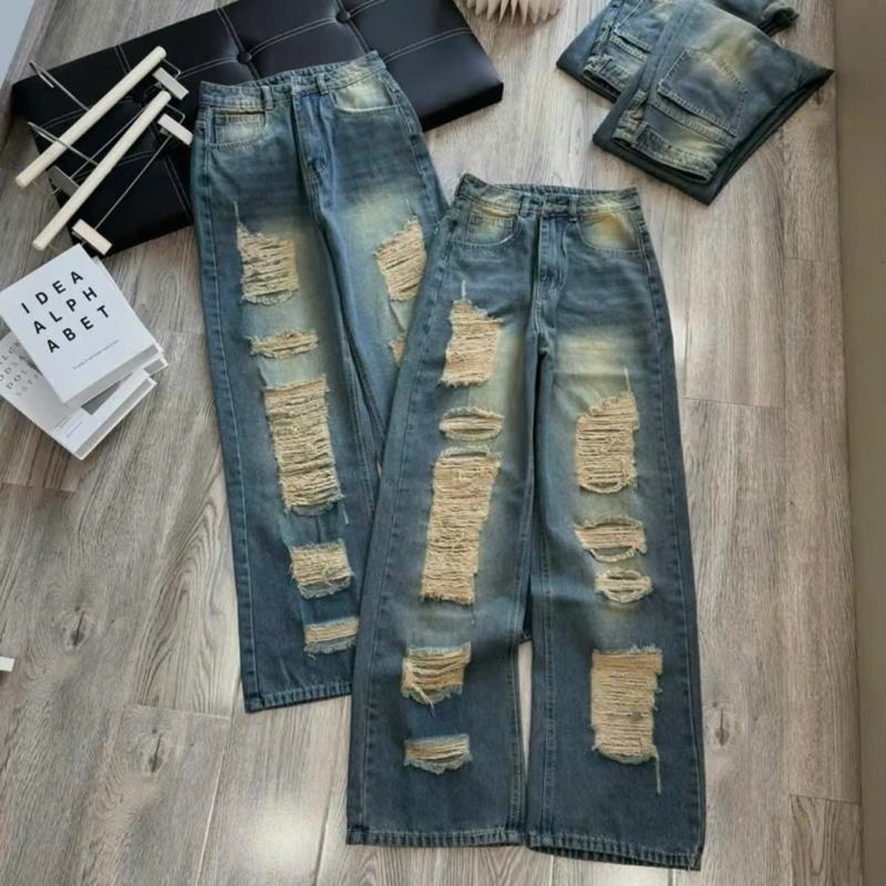 Quần Jean Nữ ống Suông lưng cao rách kiểu xanh bụi -Quần baggy nữ ống rộng màu RETTO mẫu mới NJ3929