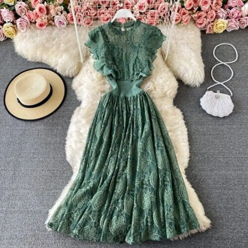 Váy Midi Ren Cổ Điển Cho Nữ, Vestidos Xếp Ly Cổ Tròn Ngọt Ngào, Eo Cao, Áo Choàng Mỏng, Xuân Thu