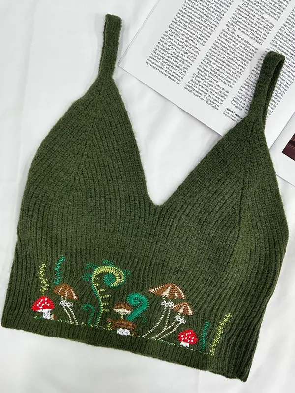 Women's Mushroom Embroidery Cami  Top, Casual Sleeveless   Top for Summer, Fashion Women's Knitwear for Daily Wear 0