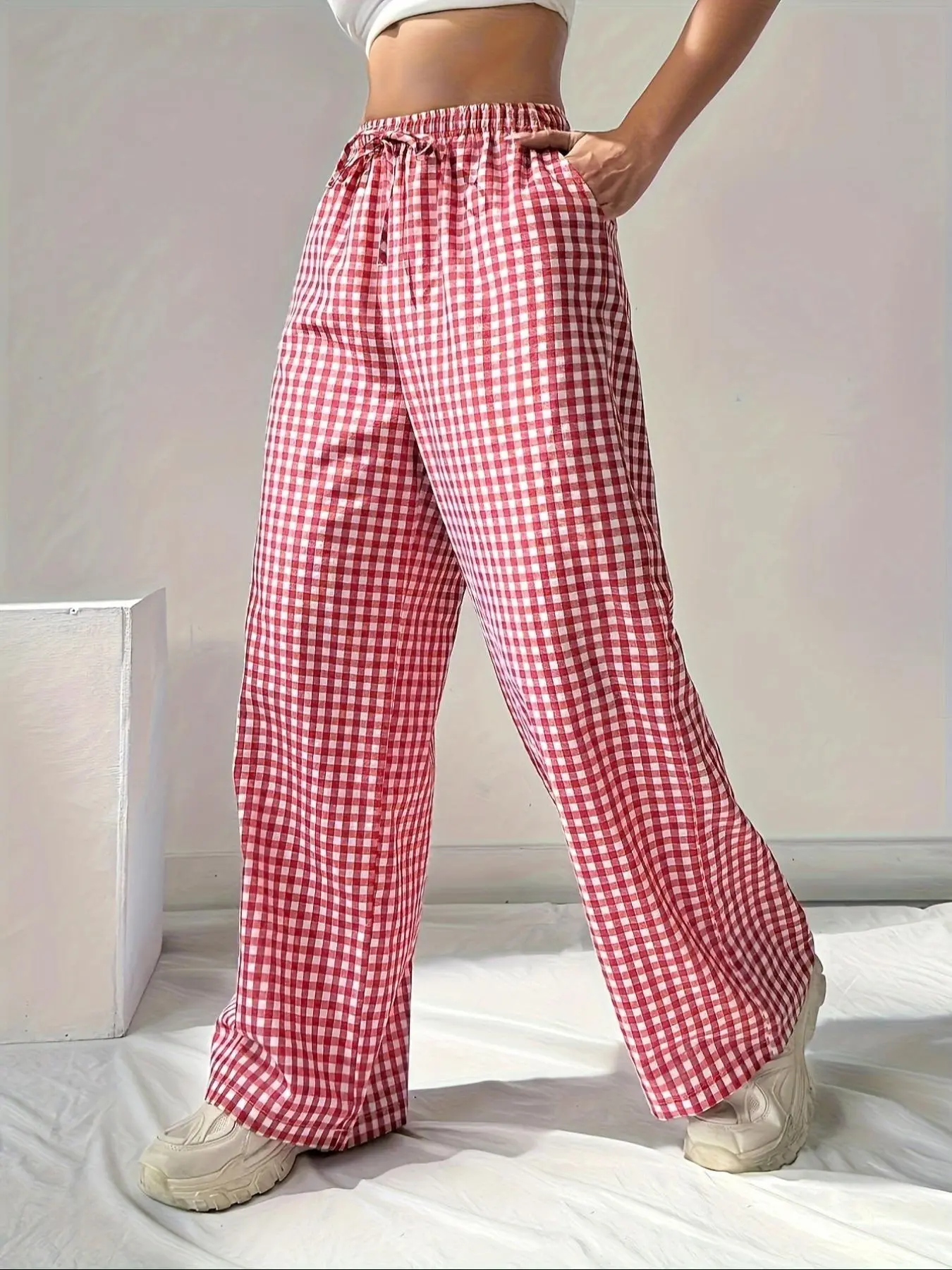 Women's Plaid Print Tie Front Pocket Wide Leg Pants, Casual Comfy Straight Leg Trousers for Daily Wear, Fashion Ladies Bottoms for Fall & Winter